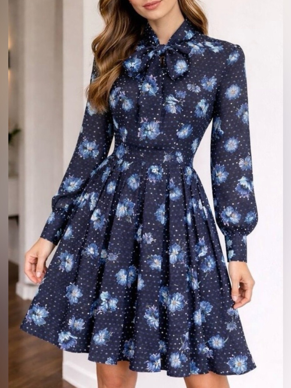 Gracia Navy Floral Blouse Elegant Classy with Belt Size Medium NWT Retails $150+